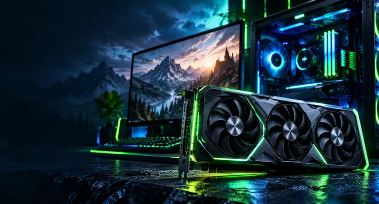 Triple-fan graphics card in a blue and green illuminated gaming PC scene, illustrative artwork