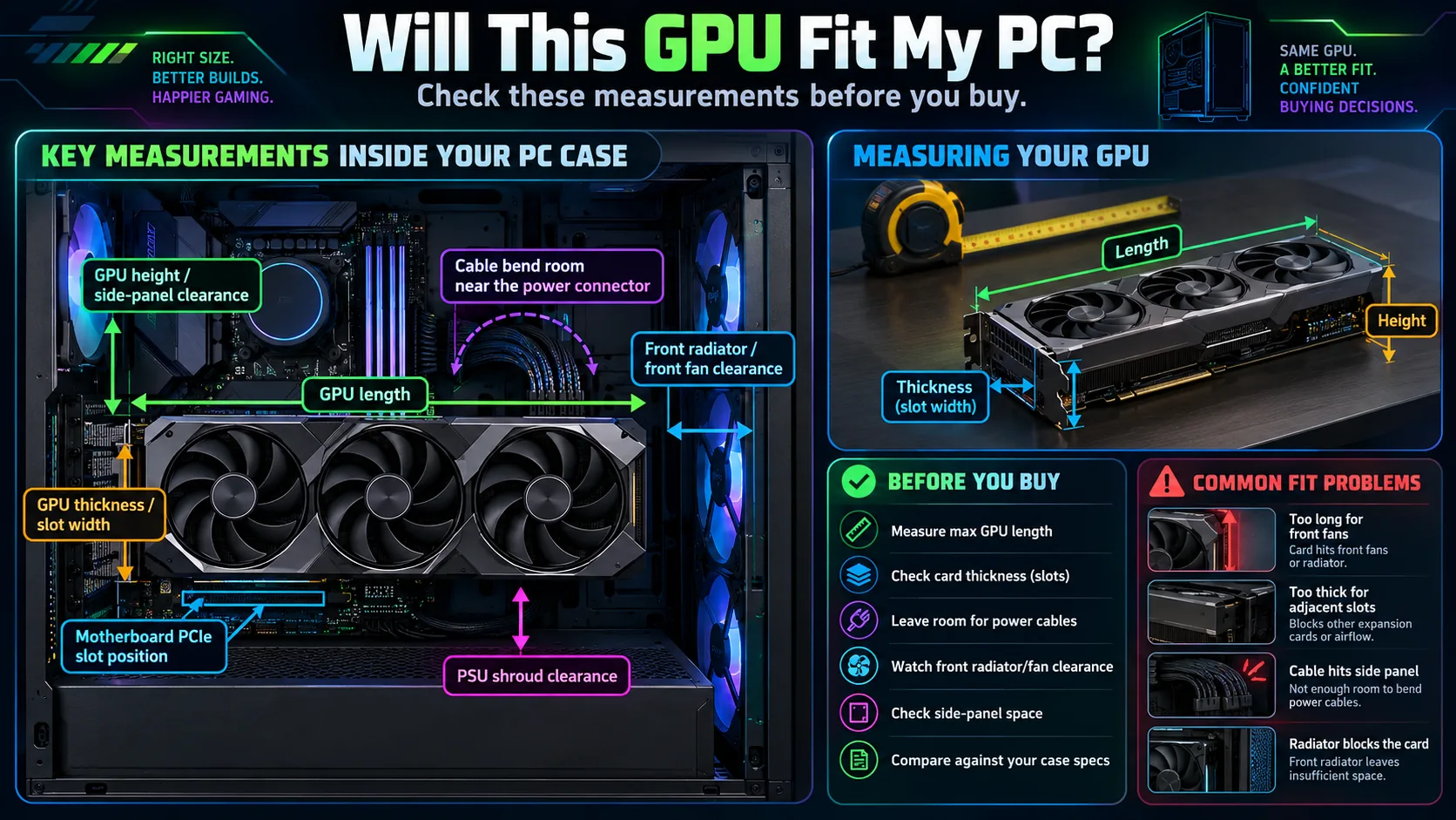 Illustrated case interior highlighting GPU length, thickness, front radiator and fan interference, PSU shroud space, and cable bend room