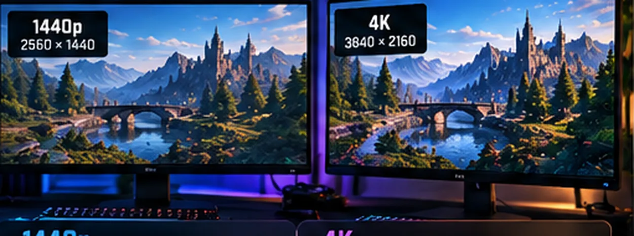 Illustrated gaming landscape in three display views; performance comparisons below are based on pixel counts, not generated FPS estimates.