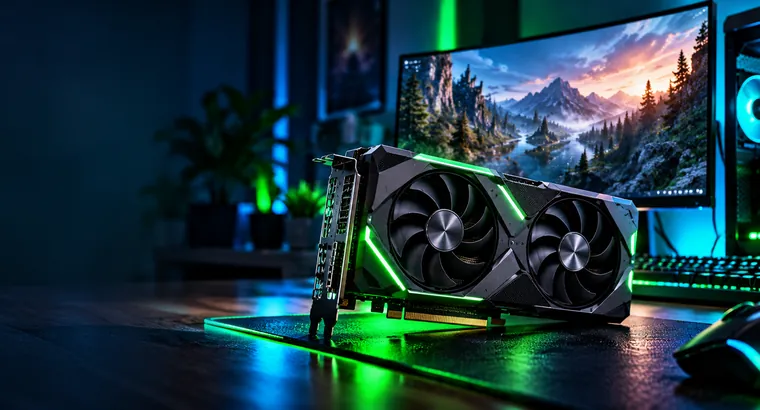 Green-lit graphics card on a desk beside a gaming setup, illustrative artwork