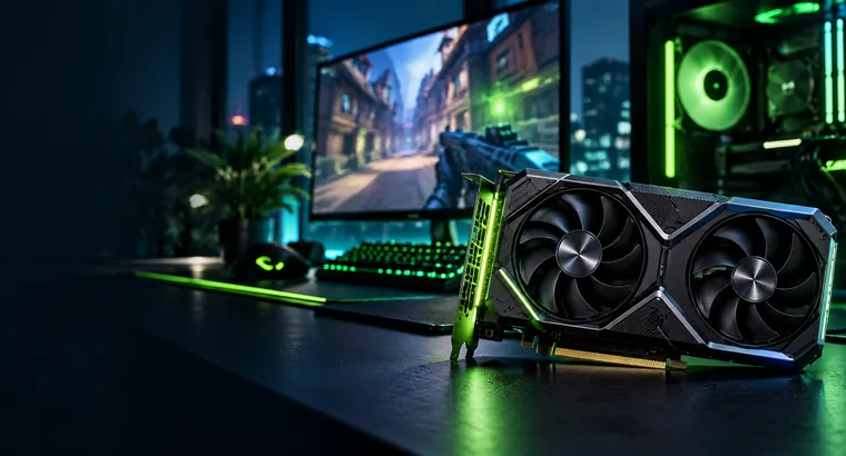 Green-lit dual-fan GPU in front of a gaming monitor, illustrative artwork