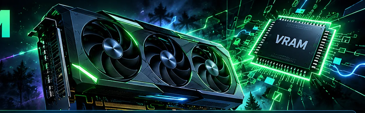 Concept illustration of a GPU and VRAM circuitry; the detailed recommendations appear as editable text below.
